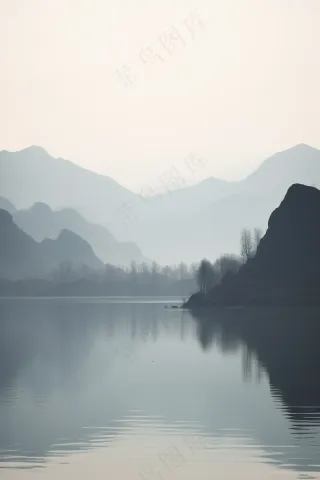 阴天山水倒影山水墨画古风背景黑白摄影图