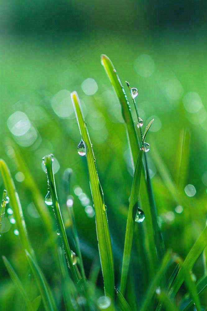 春天绿草地草坪绿叶上的露珠清晨立春惊蛰谷雨摄影图