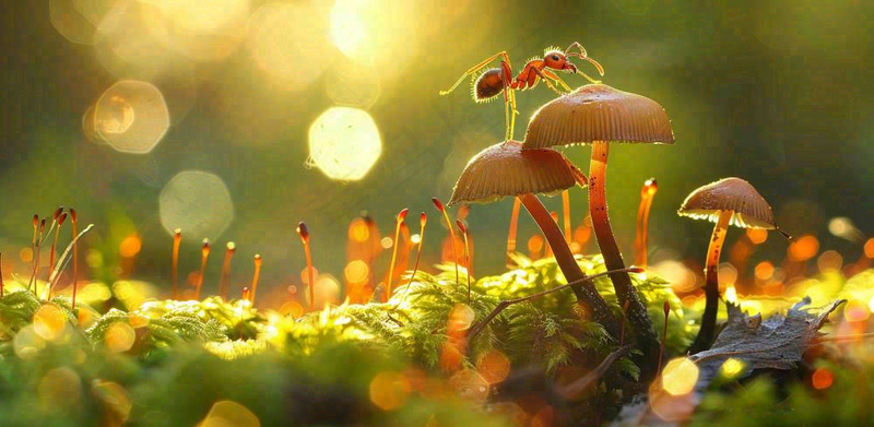 阳光下的蚂蚁蘑菇菌类阳光春天惊蛰春分摄影图