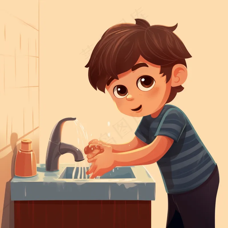 清洗手部男孩在洗手台洗手注意卫生卡通插画背景