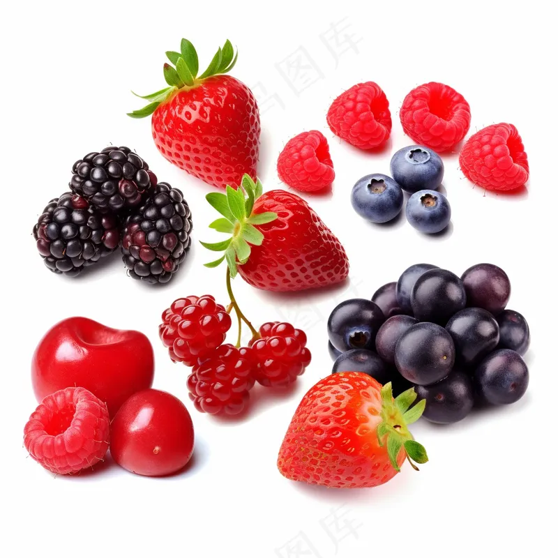 莓果草莓树莓蓝莓水果白底摄影图