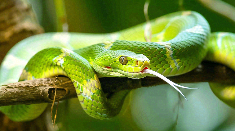 蛇青蛇绿色爬行动物毒蛇摄影图