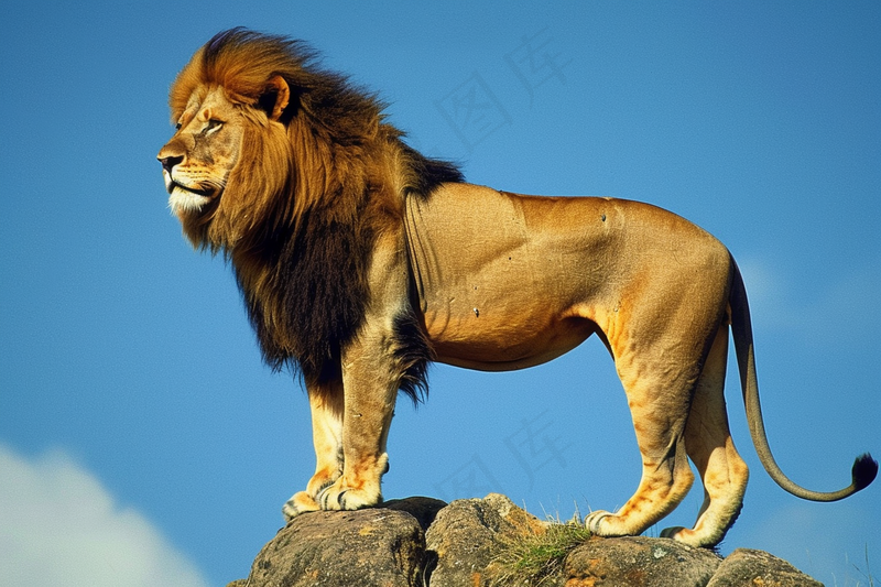 狮子站在石头上的雄狮保护动物非洲蓝天背景摄影图