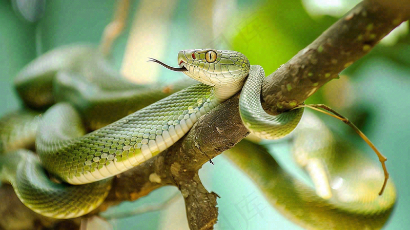 蛇青蛇绿色爬行动物毒蛇摄影图