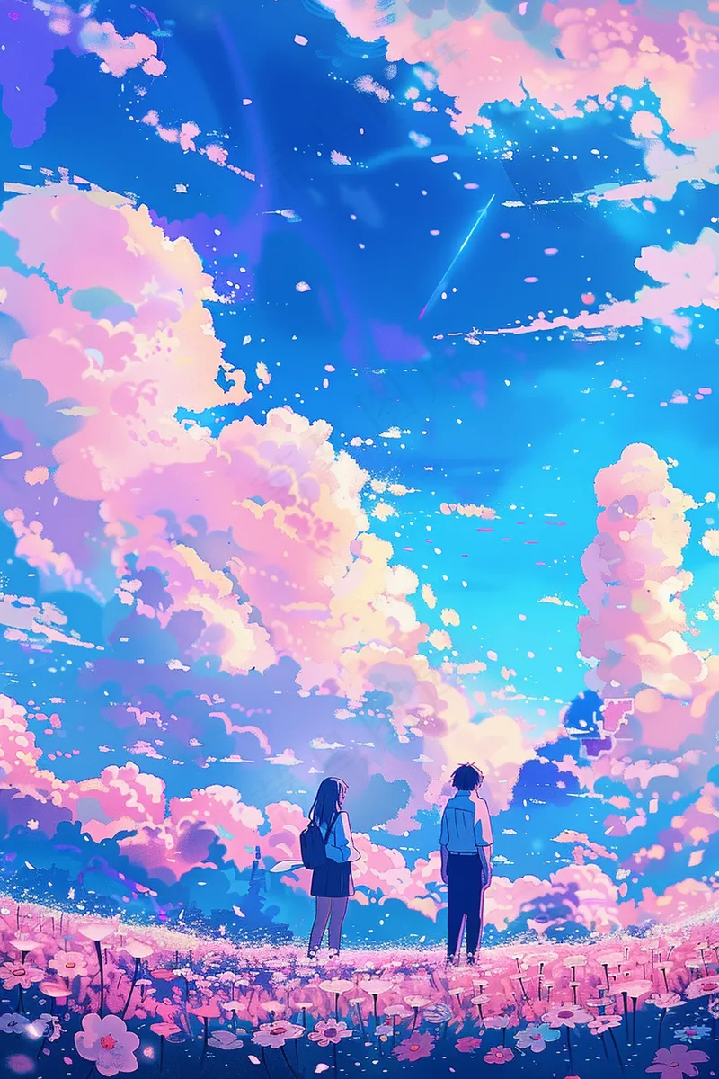 天空之境粉紫天空花海里的少女少年插画背景