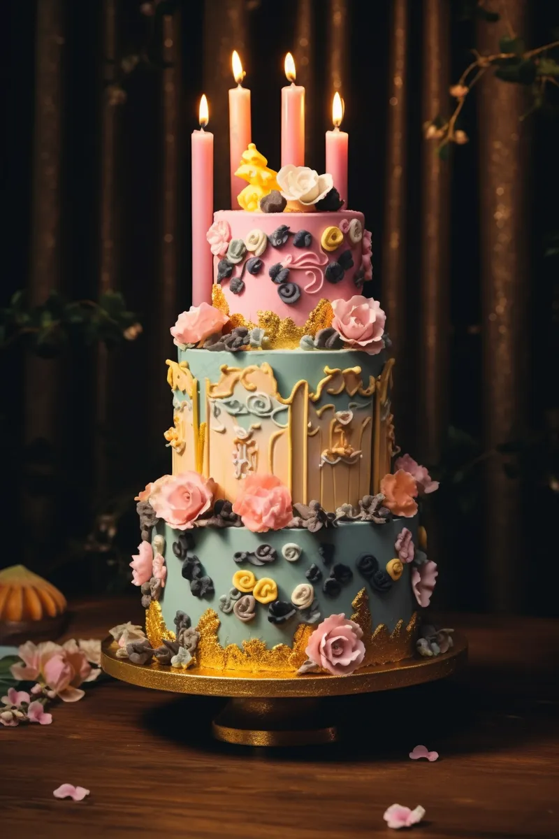 多层生日蛋糕梦幻卡通蜡烛庆祝摄影图
