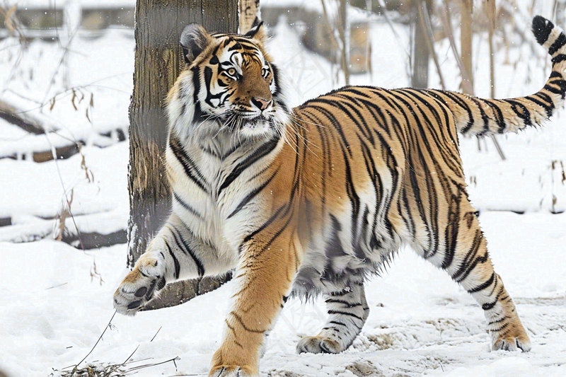 东北虎冬天雪地里嬉戏行走的老虎摄影图