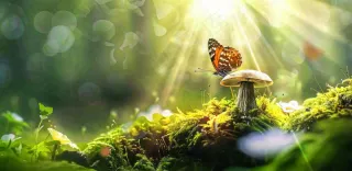 阳光斑驳下的蝴蝶苔藓蘑菇春天森林春分惊蛰摄影图