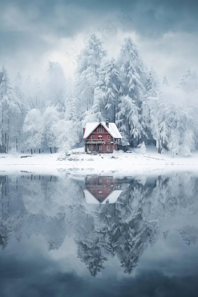 雪景小屋树林背景