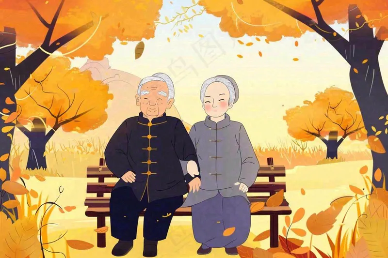 秋天公园长椅坐着的老年夫妻老人互相陪伴黄树落叶重阳佳节卡通插画背景