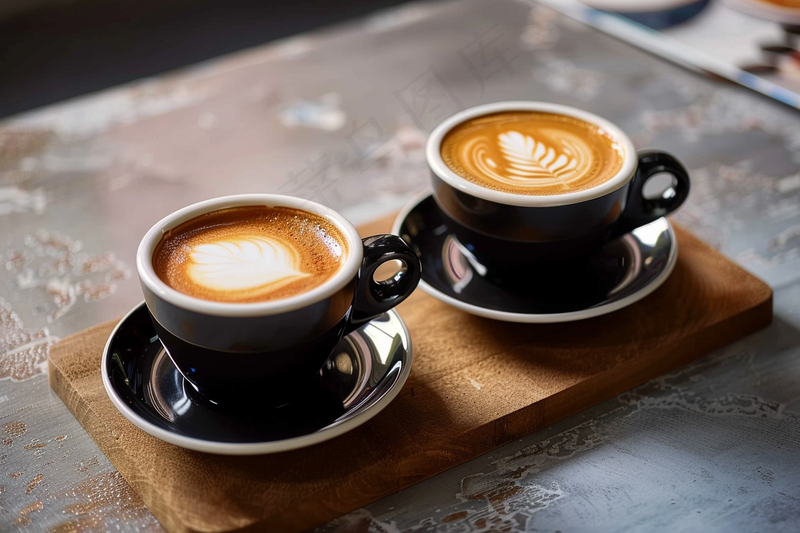 两杯拉花拿铁咖啡饮料下午茶摄影图