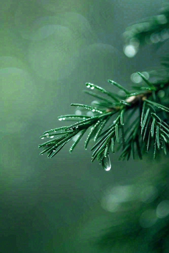 松针树树枝露珠雨滴青色雨水谷雨雨季摄影图