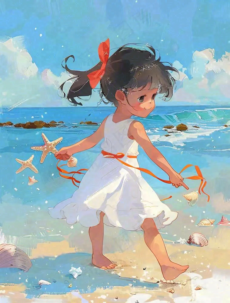 夏日蓝色海边沙滩女孩捡贝壳海鲜户外活动小暑大暑处暑卡通插画背景