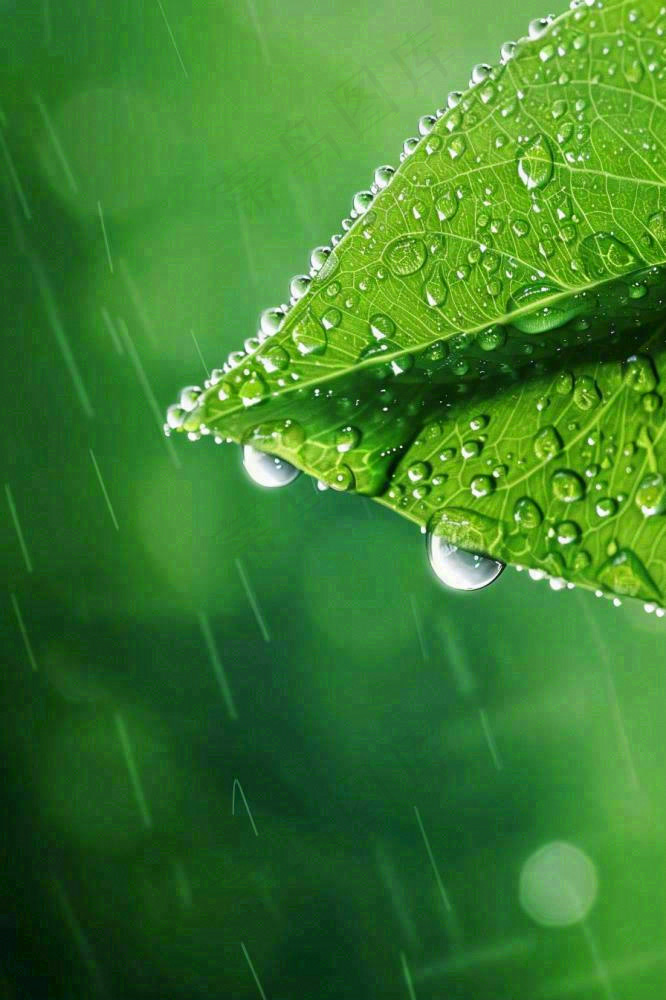 春天绿色叶子是的雨滴露珠雨水谷雨春分摄影图