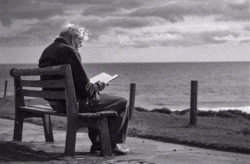 黑白简约坐着海边长椅看书的老人白发重阳节父亲节摄影图
