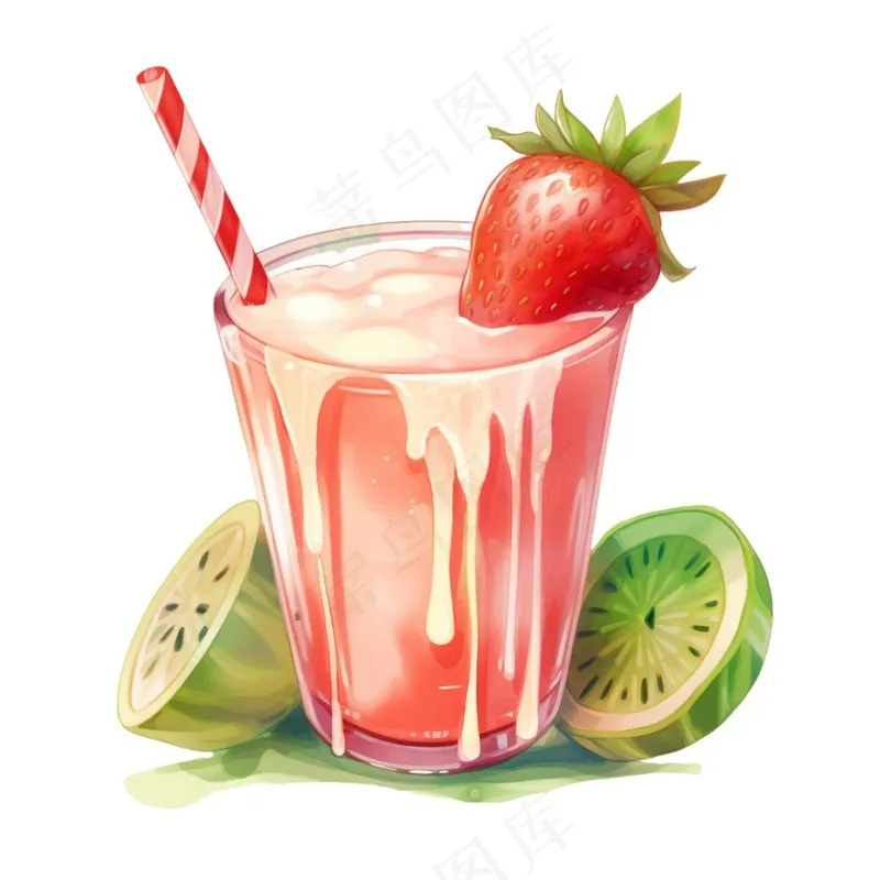 草莓奇异果奶茶冰淇淋奶茶美味夏日卡通插画免抠