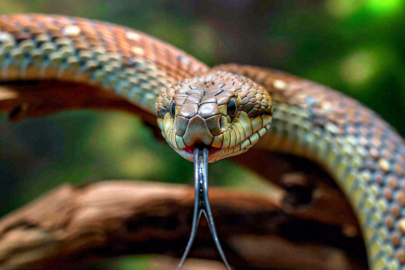 蛇盘踞在树枝上爬行动物摄影图