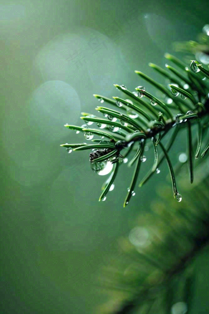 松针树树枝露珠雨滴青色雨水谷雨雨季摄影图