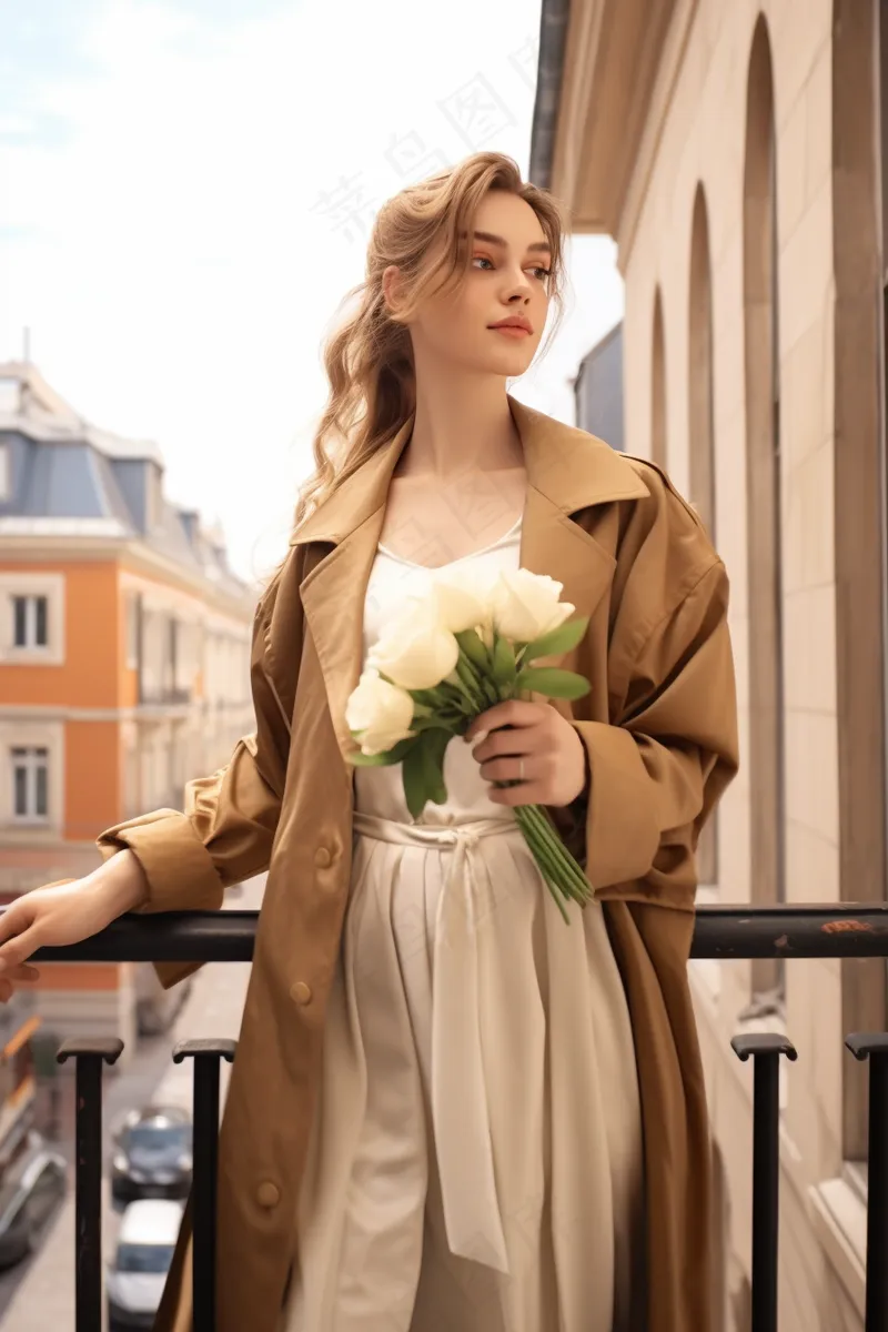 巴黎阳台时尚风衣美女手拿鲜花摄影图