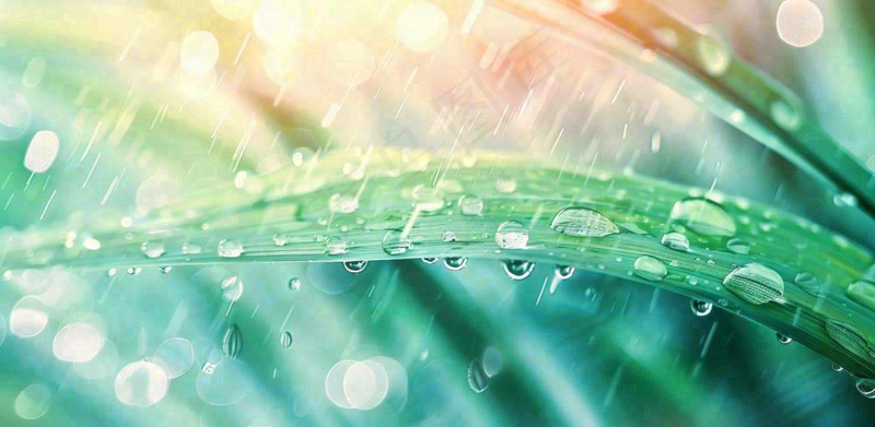 雨水飘打在绿叶叶片上春天雨水谷雨摄影图