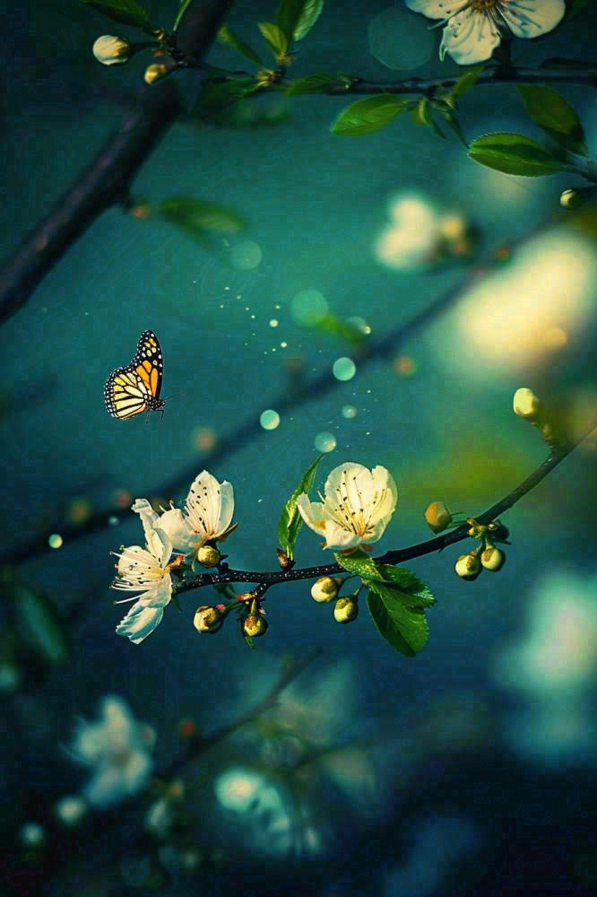 白花树枝上的蝴蝶春天万物生长立春惊蛰春分寒露摄影图