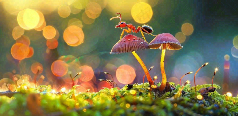 阳光下的蚂蚁蘑菇菌类阳光春天惊蛰春分摄影图