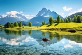 新疆欧洲雪山山脉下湖泊倒影摄影图