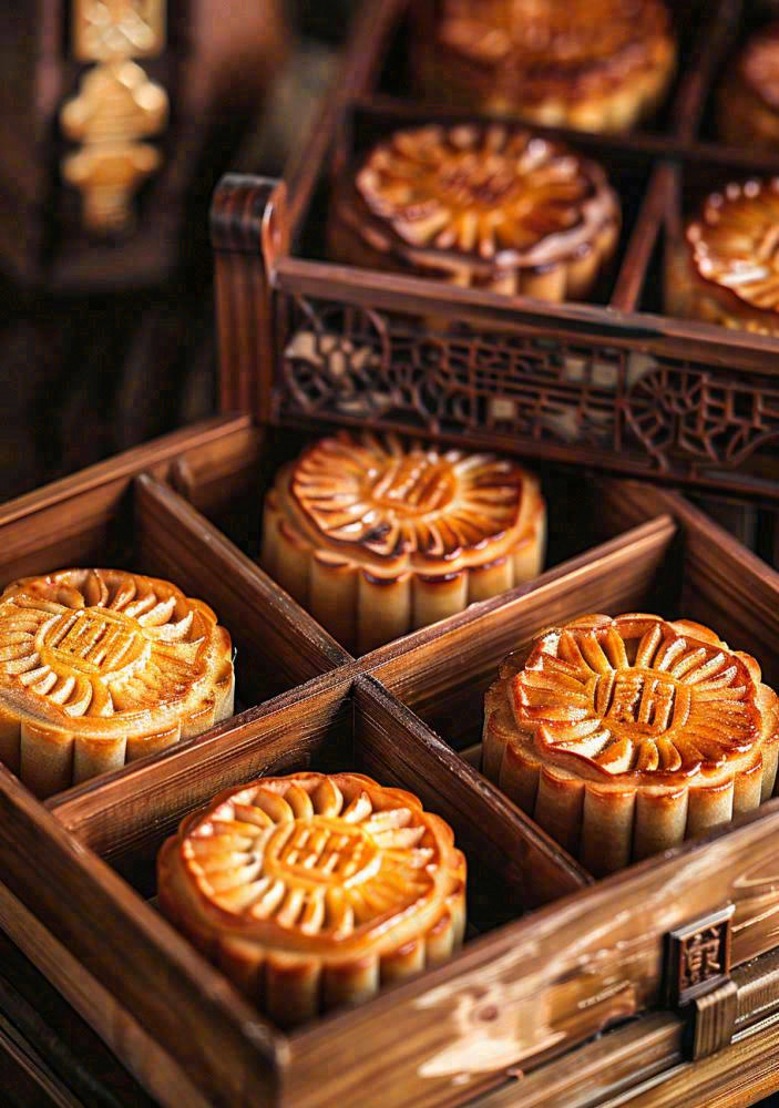 中国传统美食月饼中秋木质礼盒精美礼品摄影图