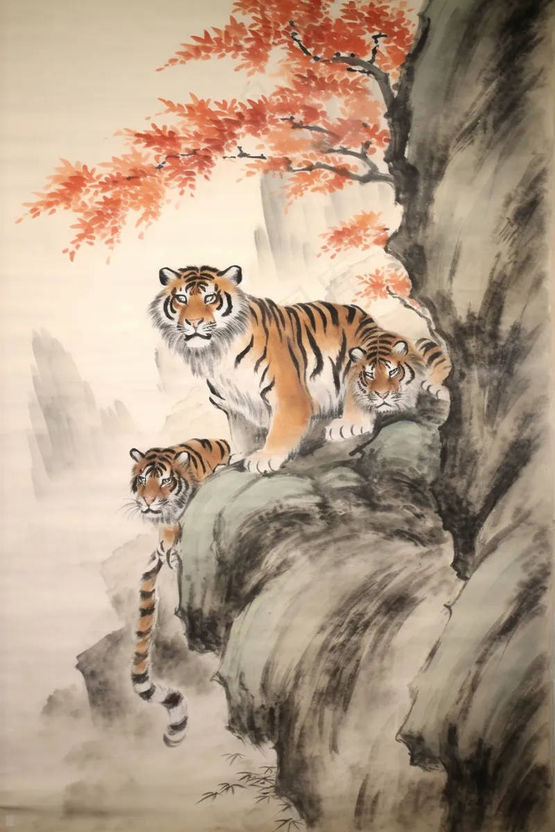 悬崖峭壁上的老虎动物山峦国画水墨画素材背景