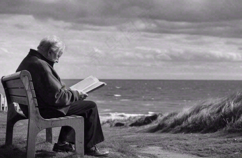 黑白简约坐着海边长椅看书的老人白发重阳节父亲节摄影图