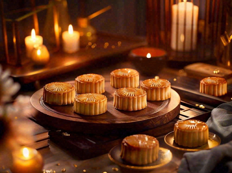 月饼中秋美食蜡烛节日氛围装饰摄影图