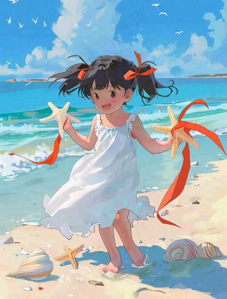 夏日蓝色海边沙滩女孩捡贝壳海鲜户外活动小暑大暑处暑卡通插画背景