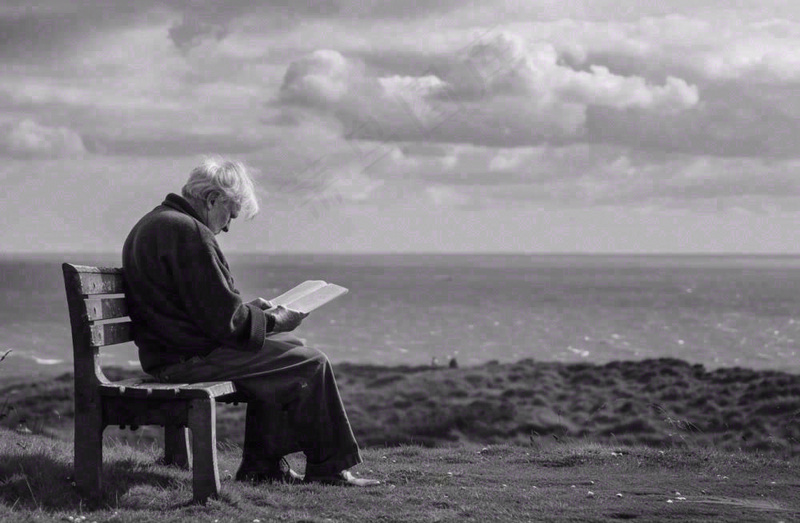 黑白简约坐着海边长椅看书的老人白发重阳节父亲节摄影图