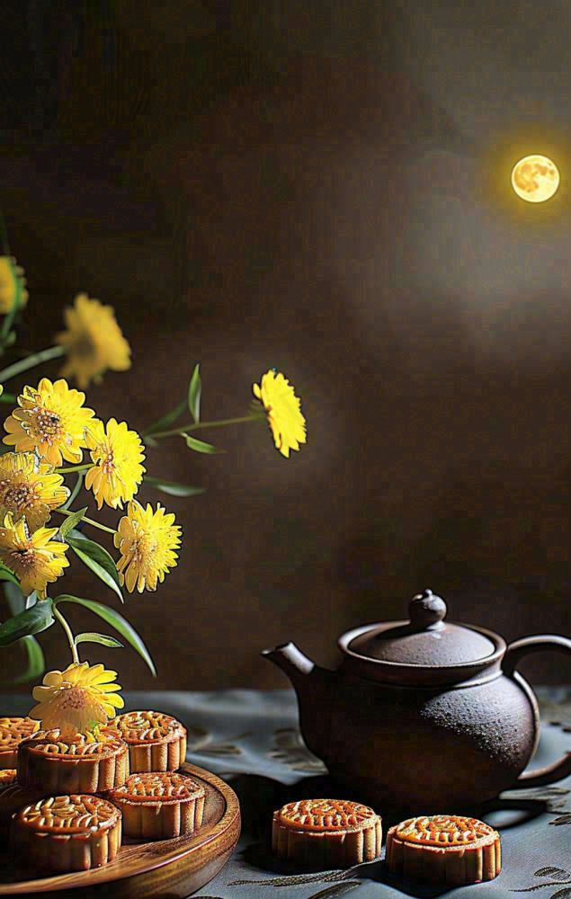 中秋月饼传统糕点美食圆月黄花摆盘精美摄影图
