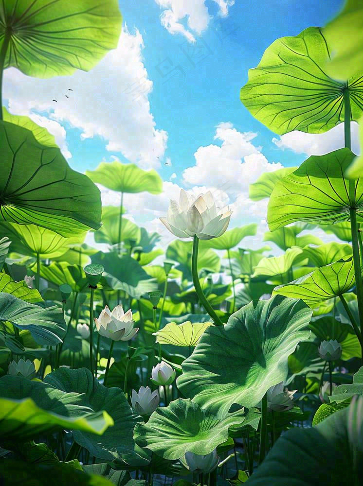 夏日荷花荷叶池塘绿叶下蓝天白云立夏大暑小暑摄影图
