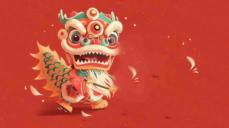 中国式舞狮舞龙卡通插画新年春节节日庆祝红色背景