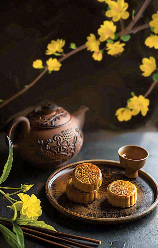 中秋月饼传统糕点美食圆月黄花摆盘精美摄影图