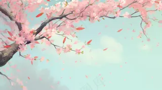 春天樱花桃花树粉色花瓣飘落卡通插画背景