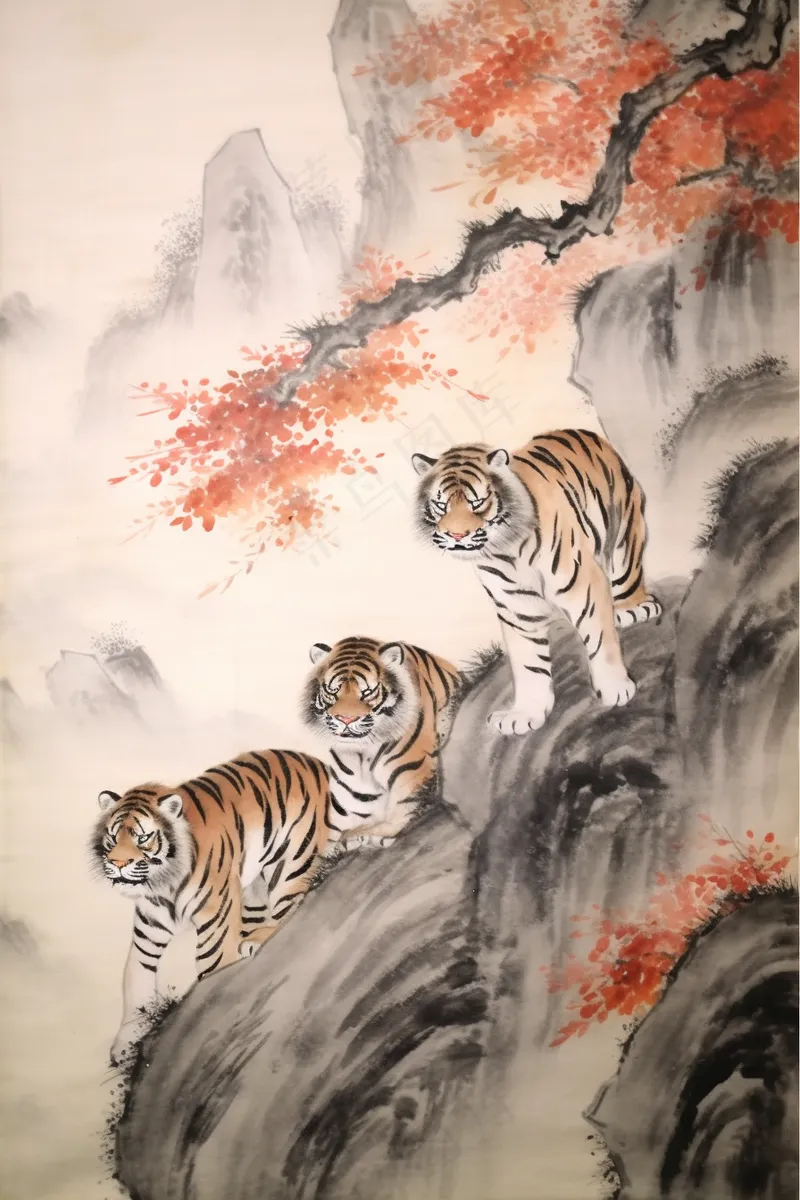 悬崖峭壁上的老虎动物山峦国画水墨画素材背景