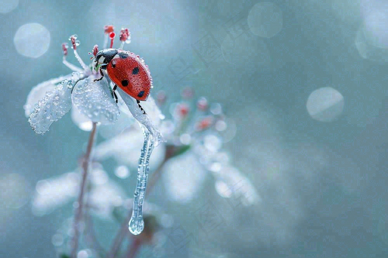 下雨天白色花朵上的七星瓢虫昆虫春天雨水谷雨摄影图