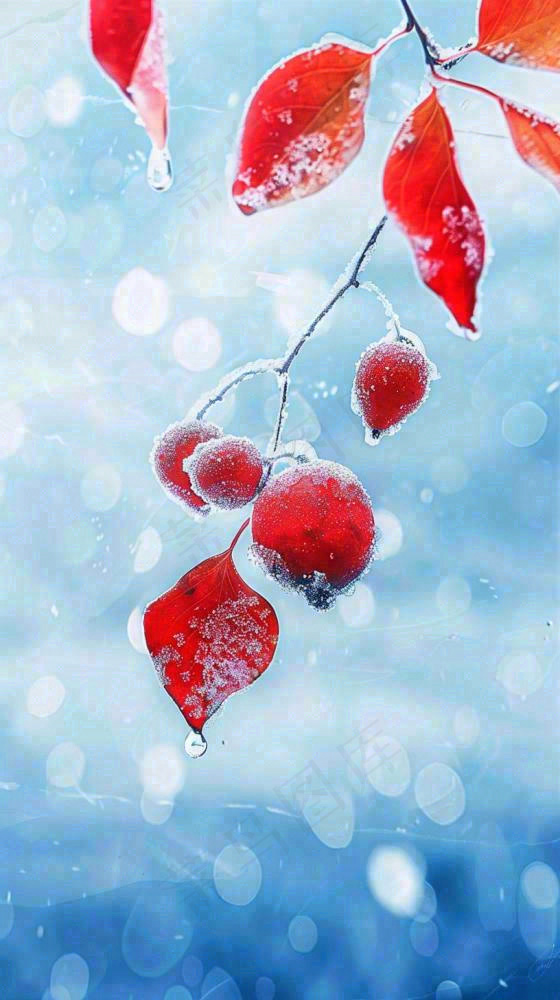 红叶上的白霜白雪秋冬霜降寒露立冬摄影图