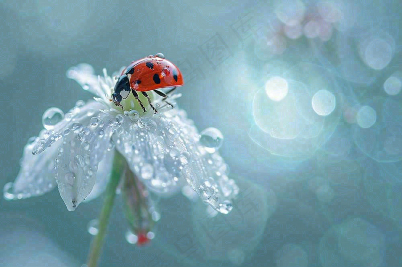 下雨天白色花朵上的七星瓢虫昆虫春天雨水谷雨摄影图