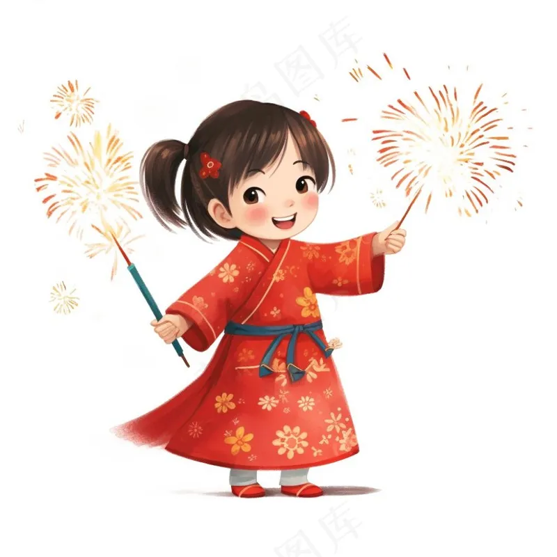 新年放烟花的女孩儿童红色衣裙庆祝卡通插画免抠
