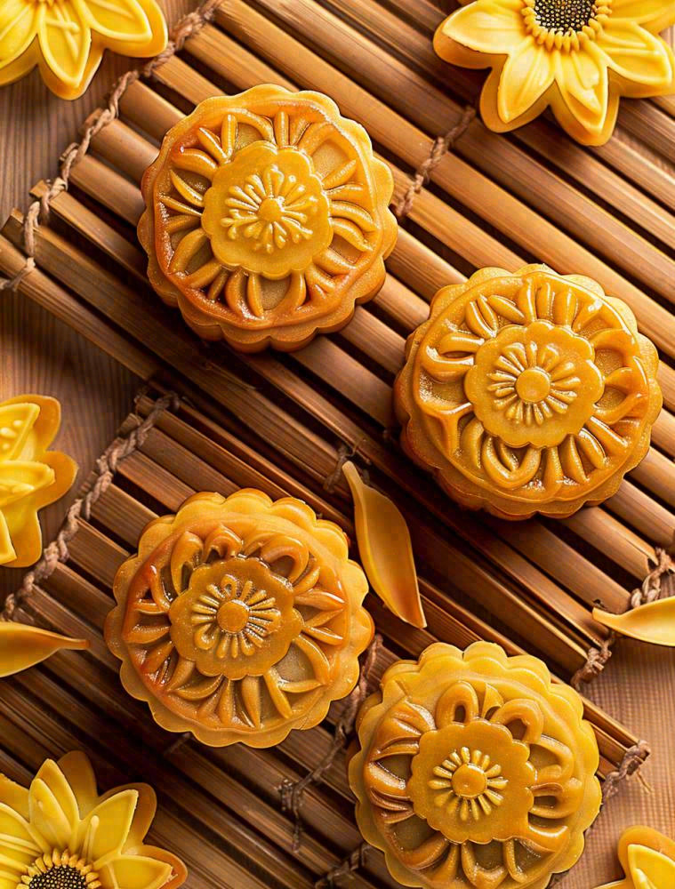 中国传统糕点月饼竹制托盘上的月饼中秋节木制背景摄影图