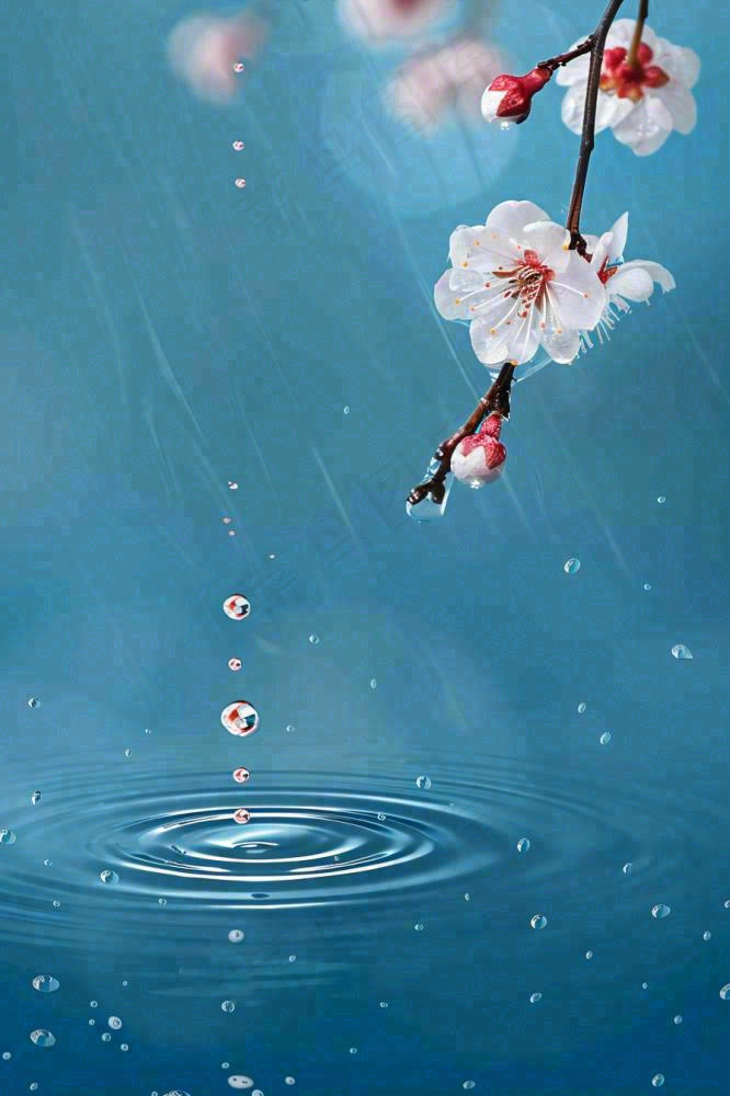 春天梅雨时节雨滴飘落在梅花滴落在水面上泛起涟漪雨水谷雨寒露摄影图