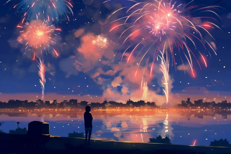 烟花五彩的烟花庆典新年节日暮色的天空卡通插画背景