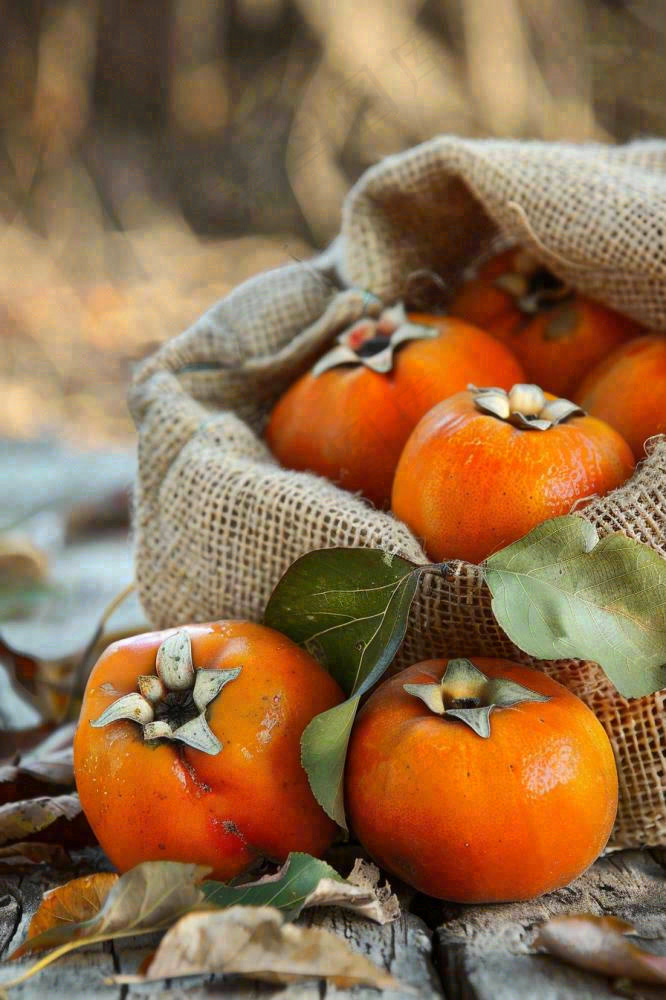 金黄成熟柿子水果秋天丰收秋分立秋摄影图