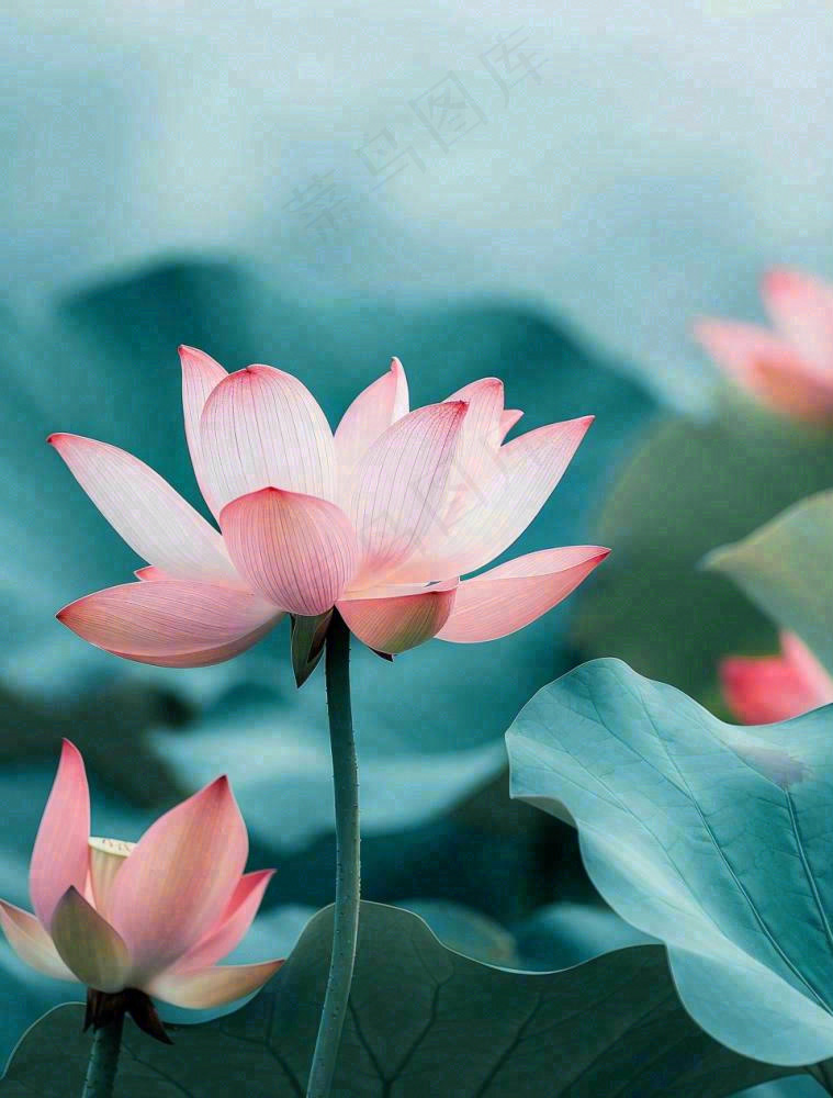 夏天池塘荷花荷叶蓝色唯美处暑大暑小暑摄影图