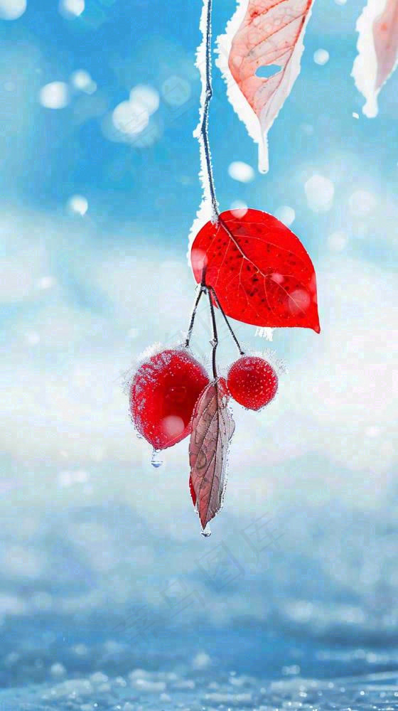 红叶上的白霜白雪秋冬霜降寒露立冬摄影图