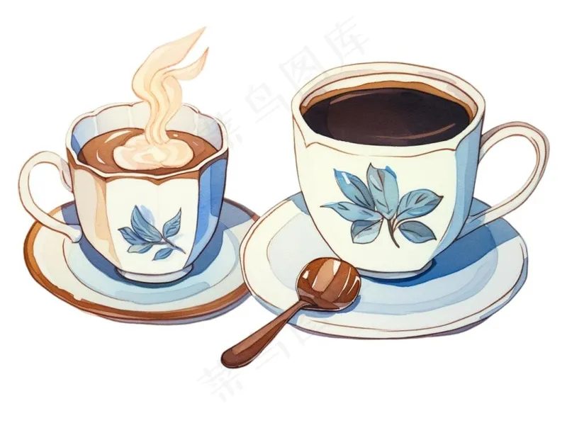 咖啡拿铁甜点下午茶水彩画手绘插画免抠